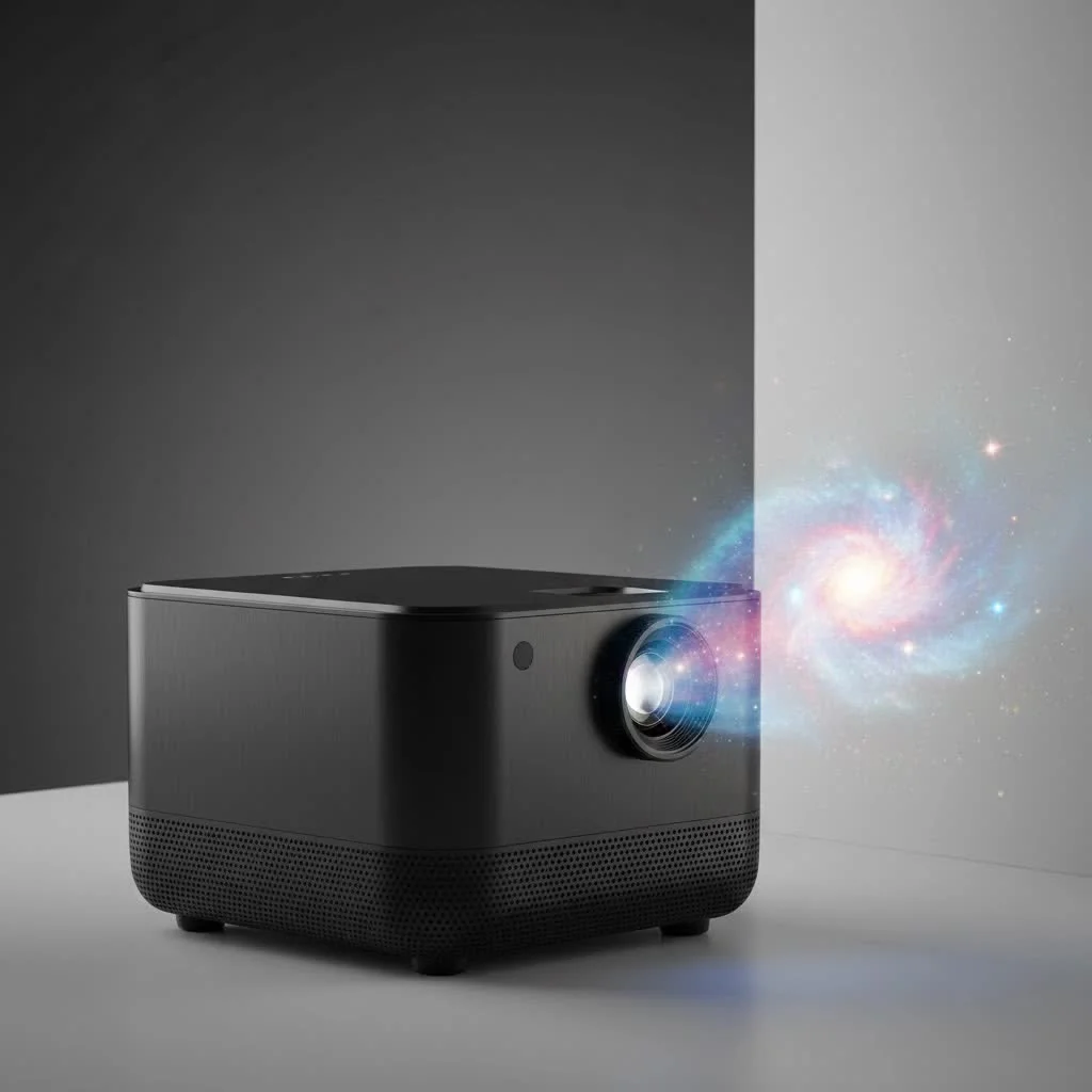 Mini projector displaying a movie on a large screen