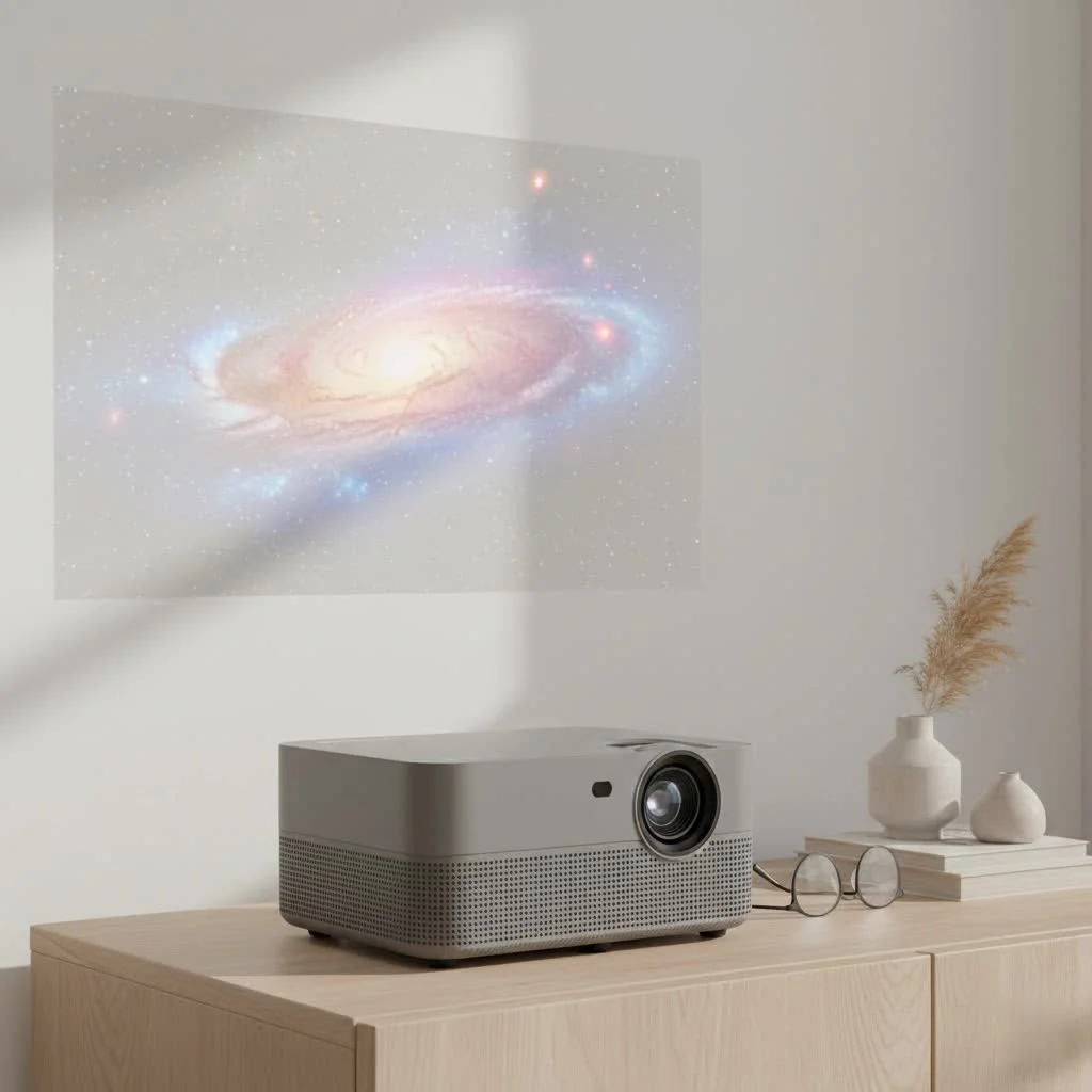 QKK mini projector displaying a movie scene