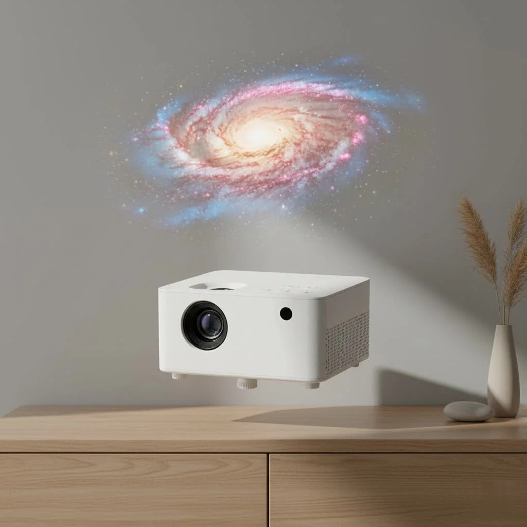 Mini projector displaying a vibrant Full HD movie scene