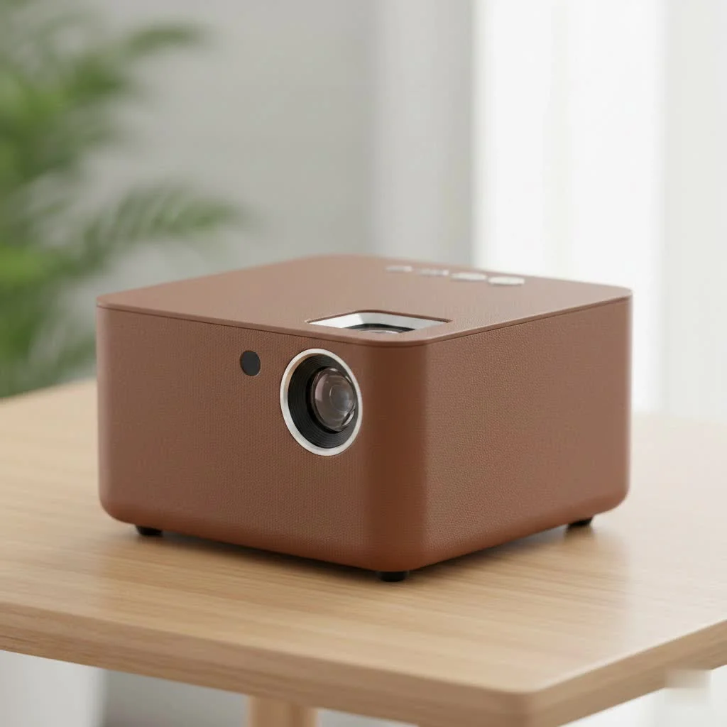 Mini projector displaying a movie on a portable screen