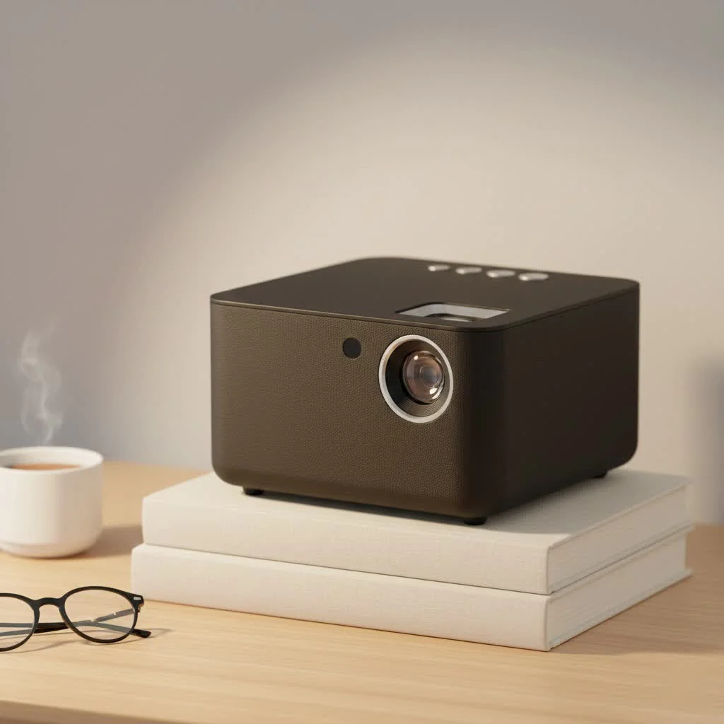 DLP mini projector displaying a vibrant movie scene