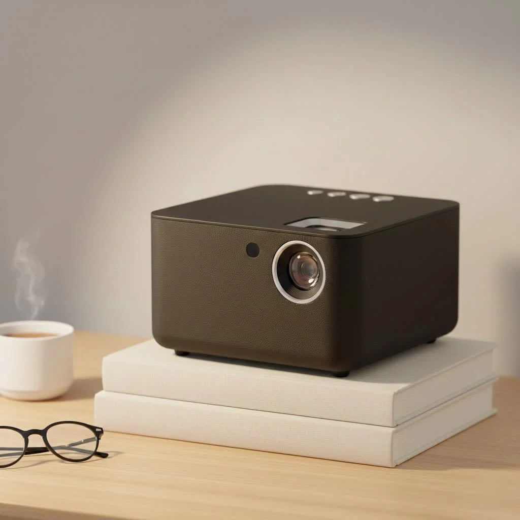 Mini home projector displaying a movie on a wall