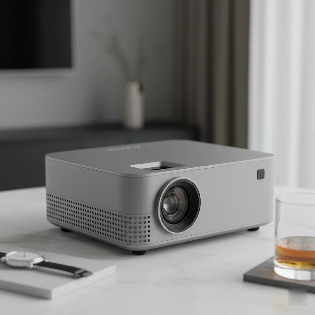 Mini projector displaying a movie on a large screen