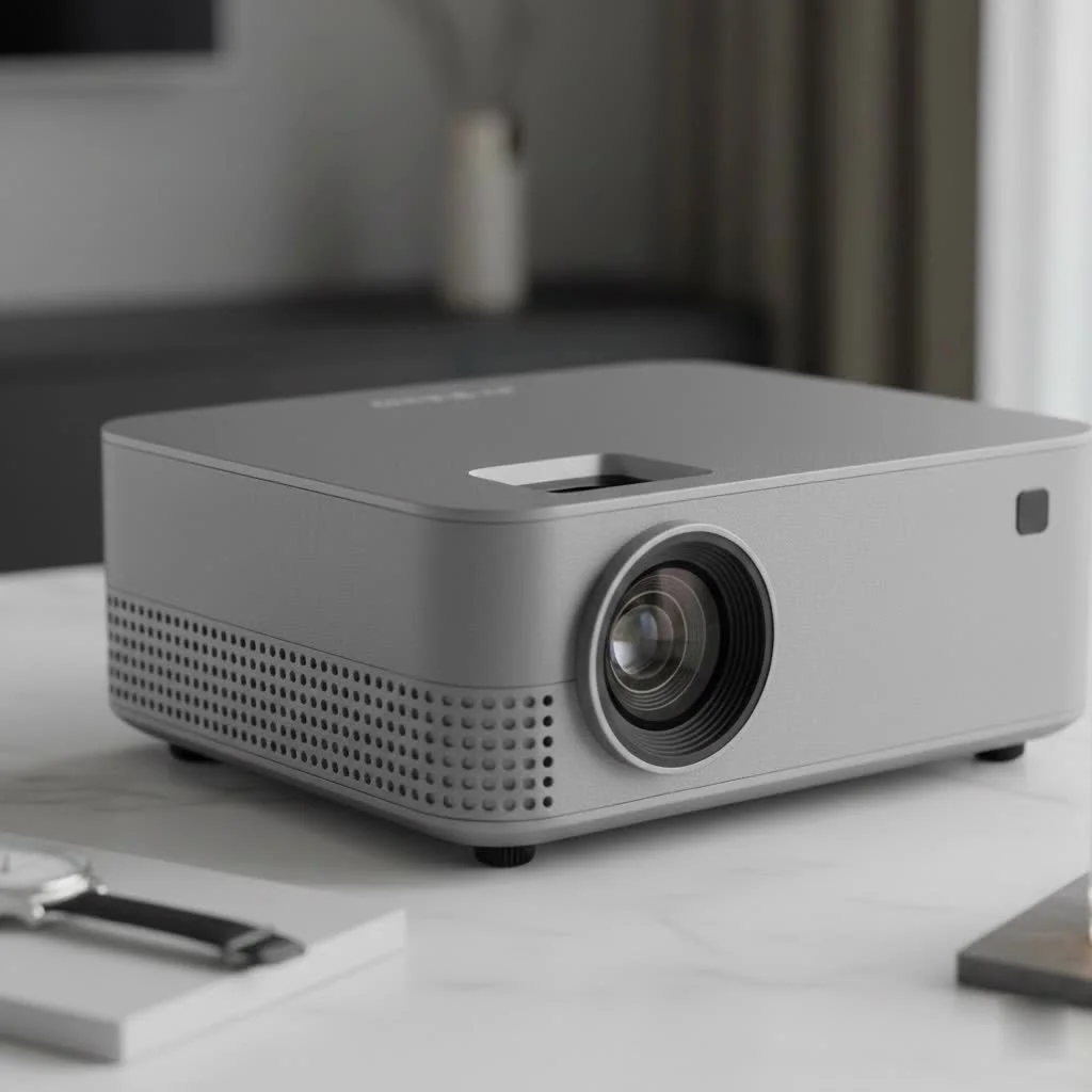 Person setting up a mini projector for home entertainment