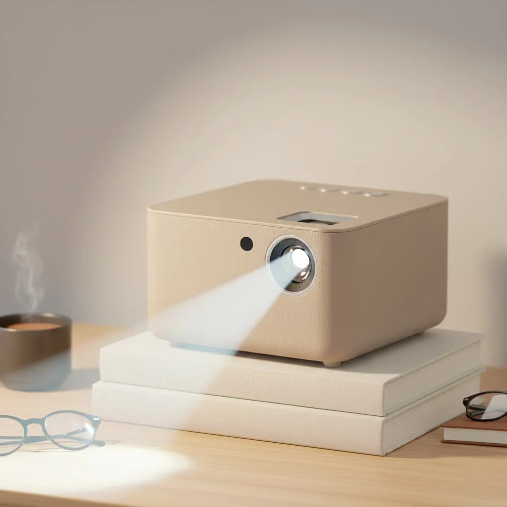 Mini laser projector displaying a vibrant movie scene