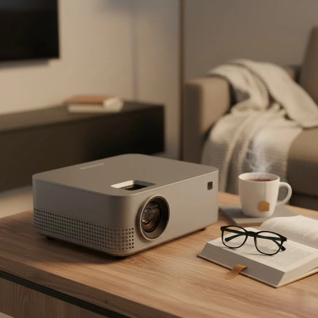 Mini projector displaying content from an iPhone on a wall