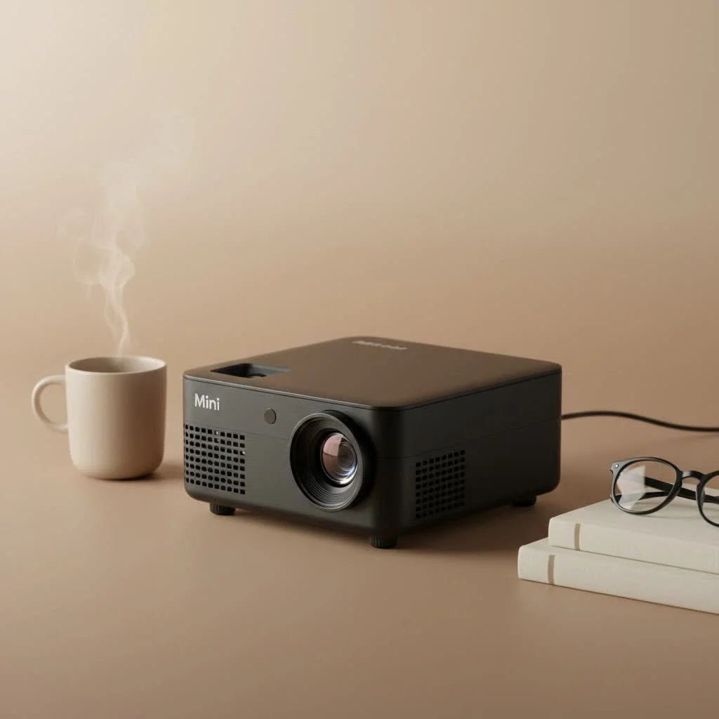 Mini projector displaying a vibrant image from a laptop on a wall