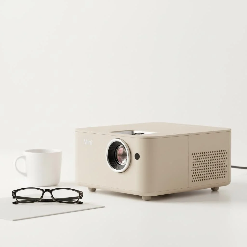 Mini projector displaying a movie on a large screen in a home theater setup