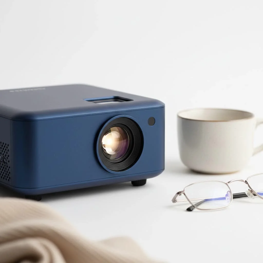 Mini HD projector displaying a movie on a large screen