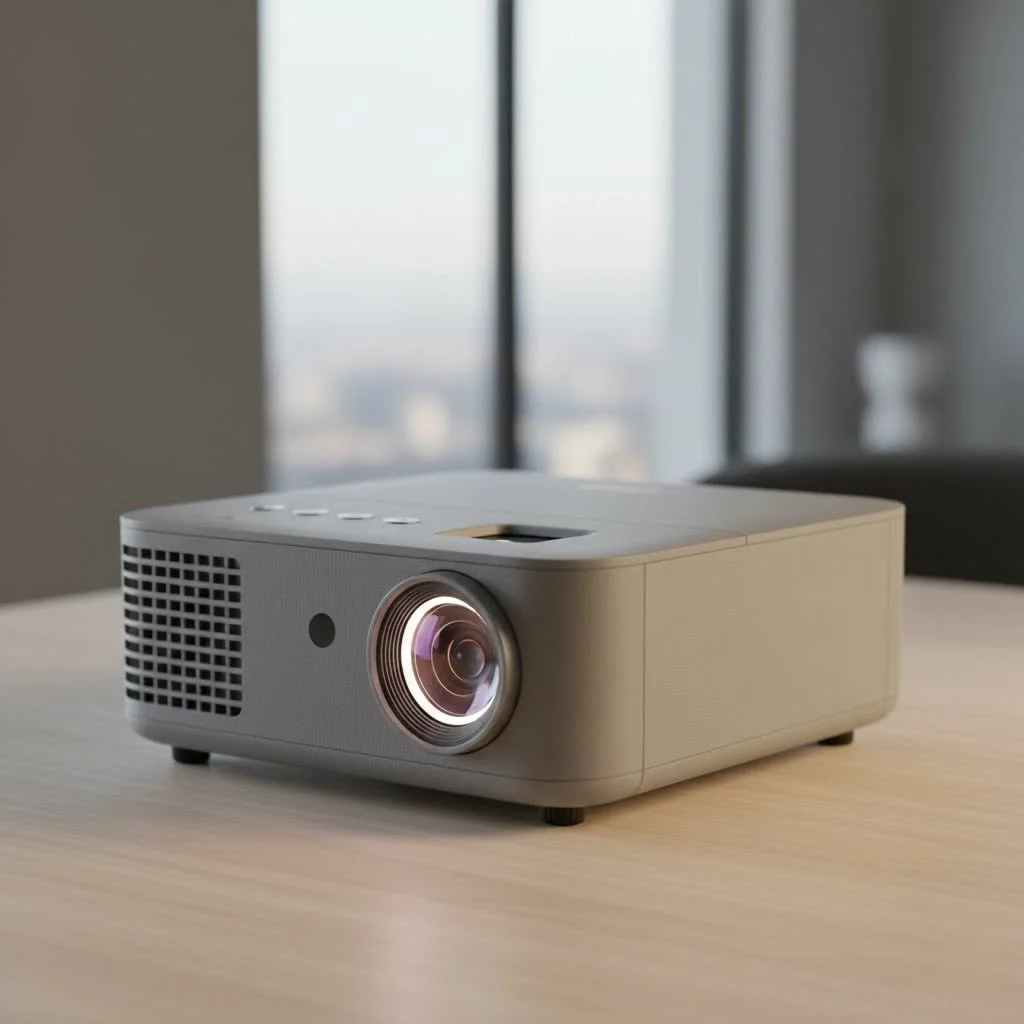Mini digital projector displaying a movie on a wall