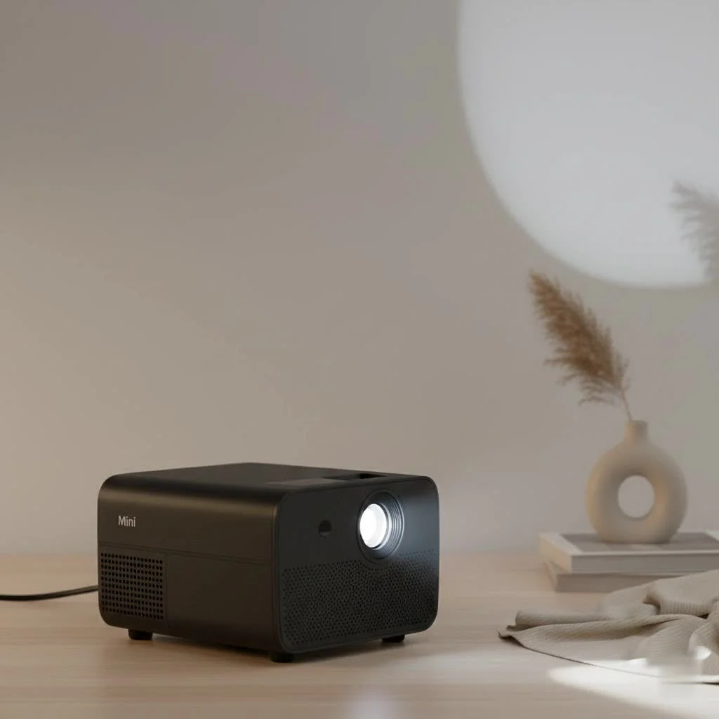 Mini projector displaying a movie on a large screen