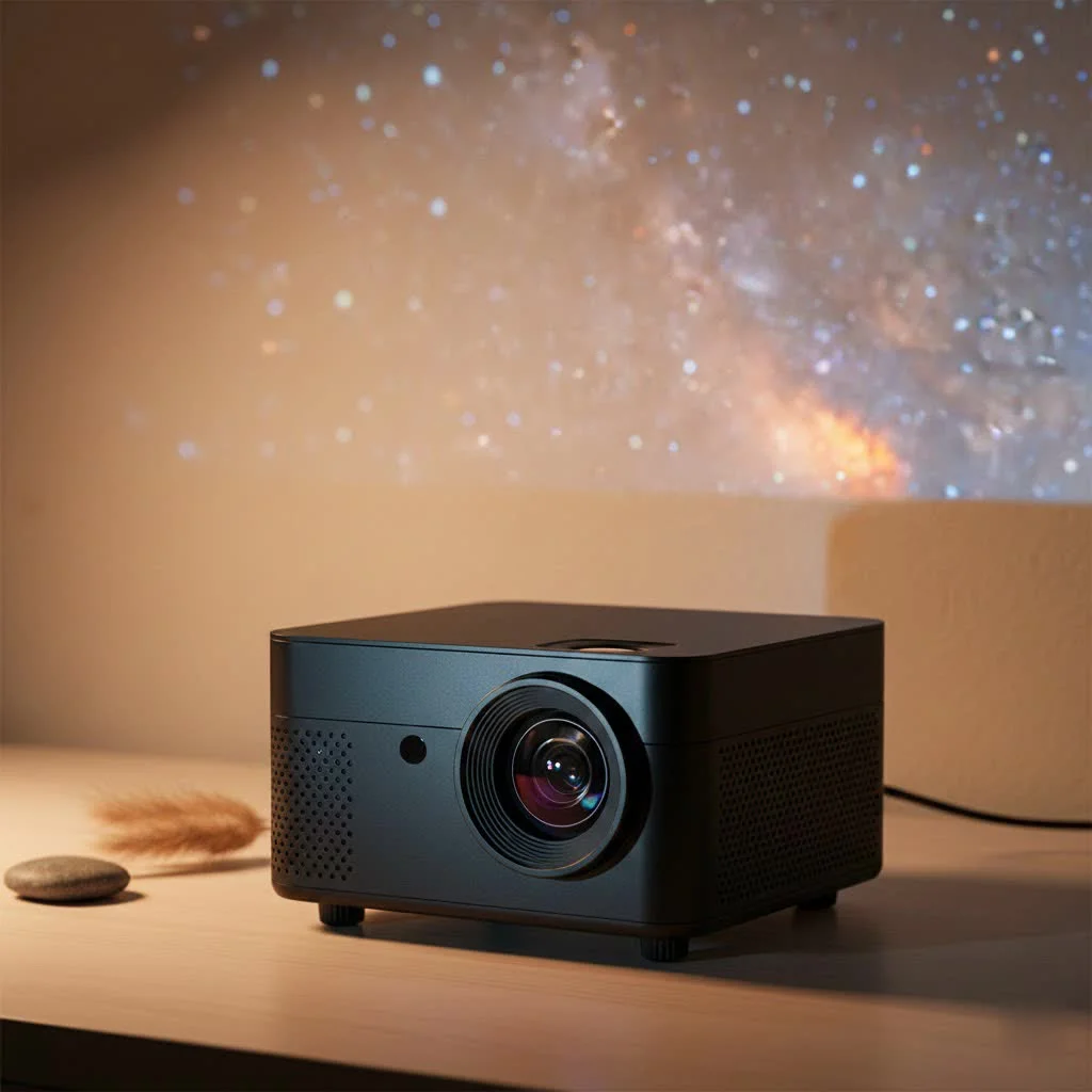 Transjee A2000 mini projector displaying a movie on a wall