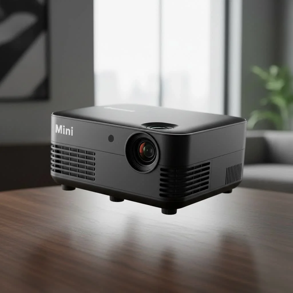 Portable smart mini projector displaying a vibrant movie scene