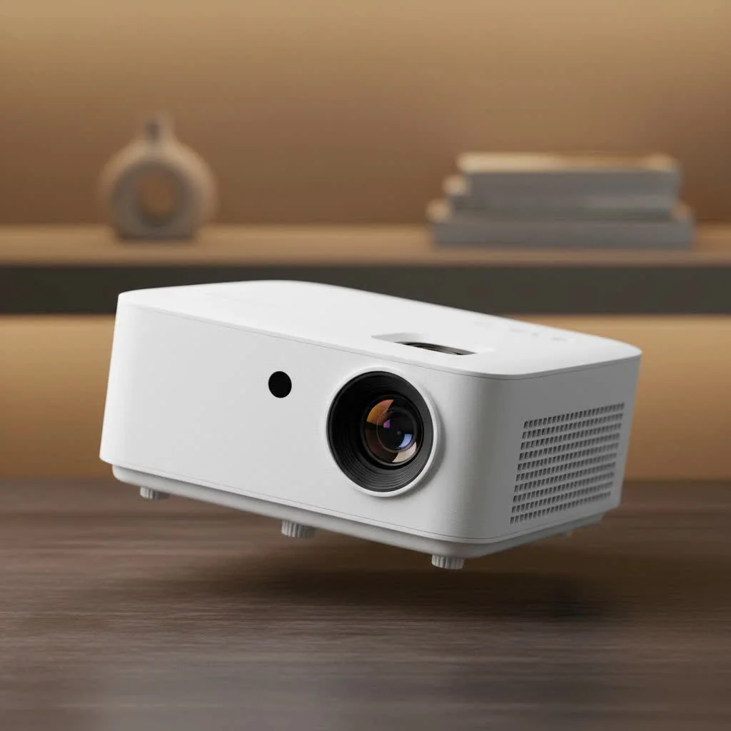 Mini projector displaying a movie on a portable screen outdoors