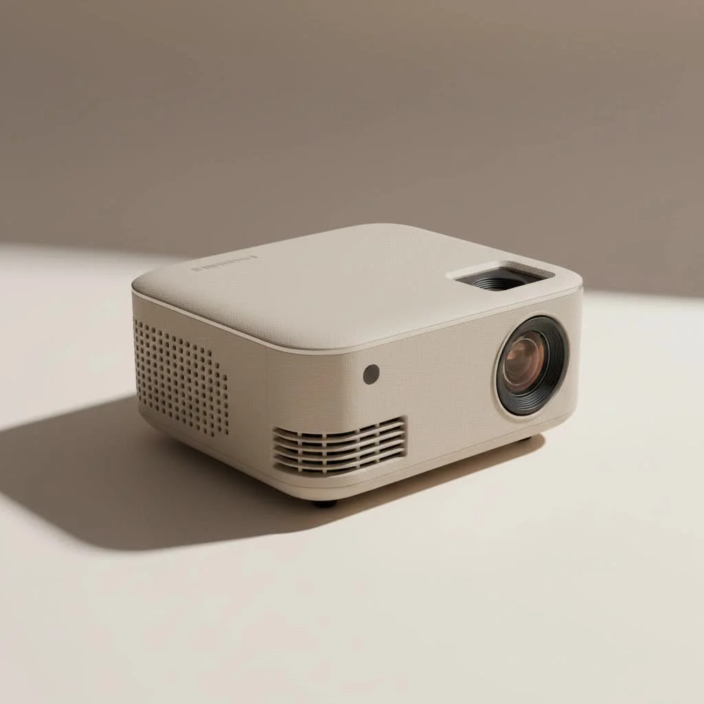 Mini WiFi Bluetooth projector displaying a movie outdoors