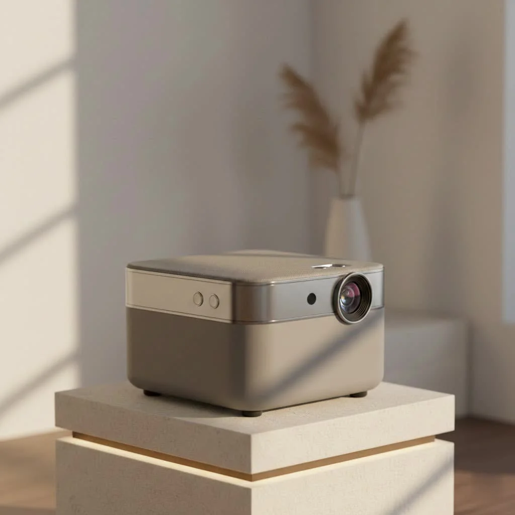 GPX mini projector displaying a movie on a wall