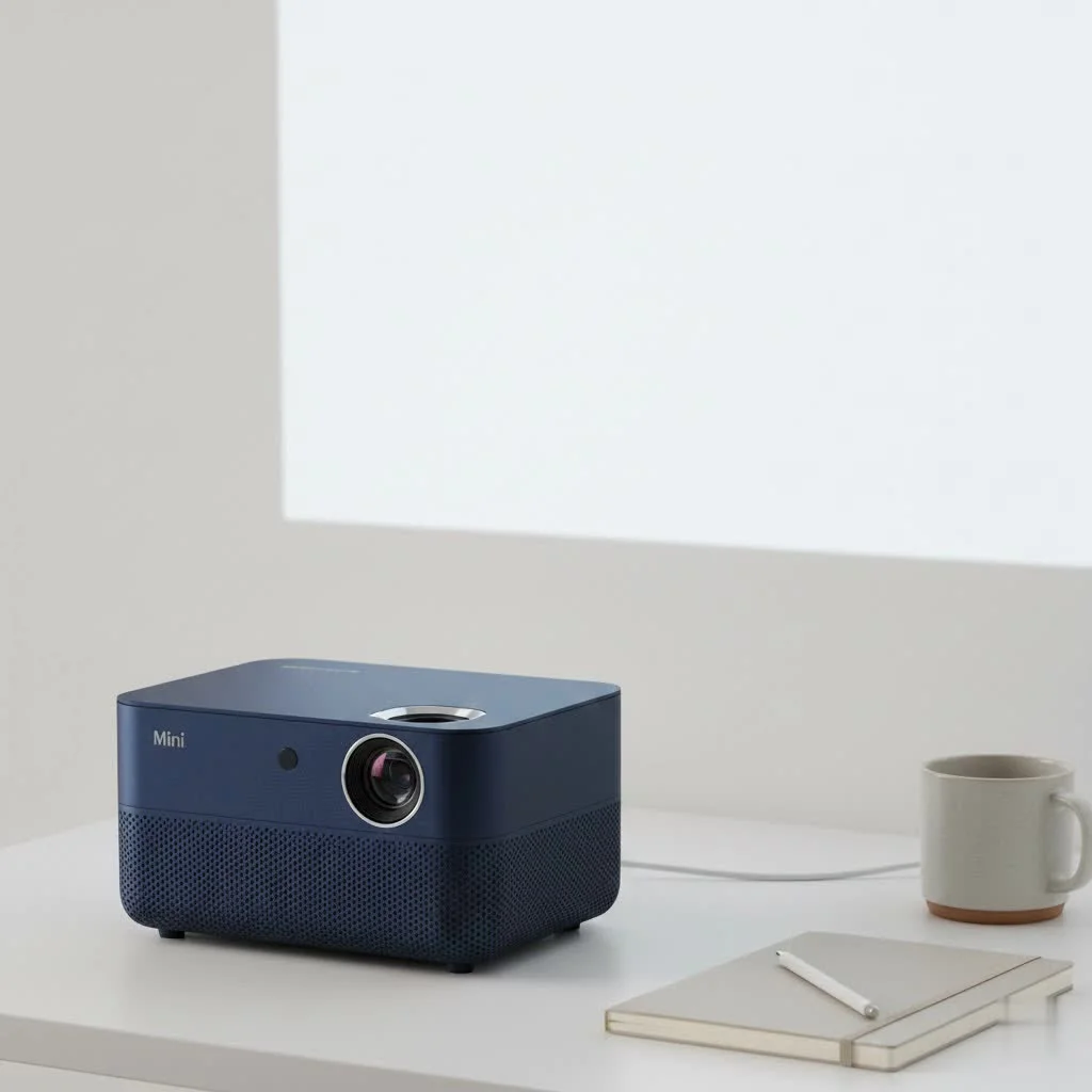 Mini projector displaying a movie on a large screen outdoors at night
