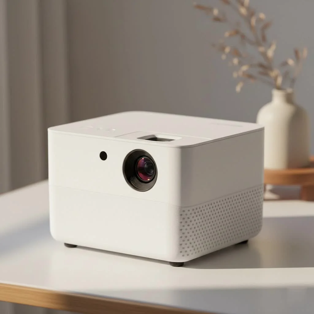 AKASO mini projector displaying a movie on a wall