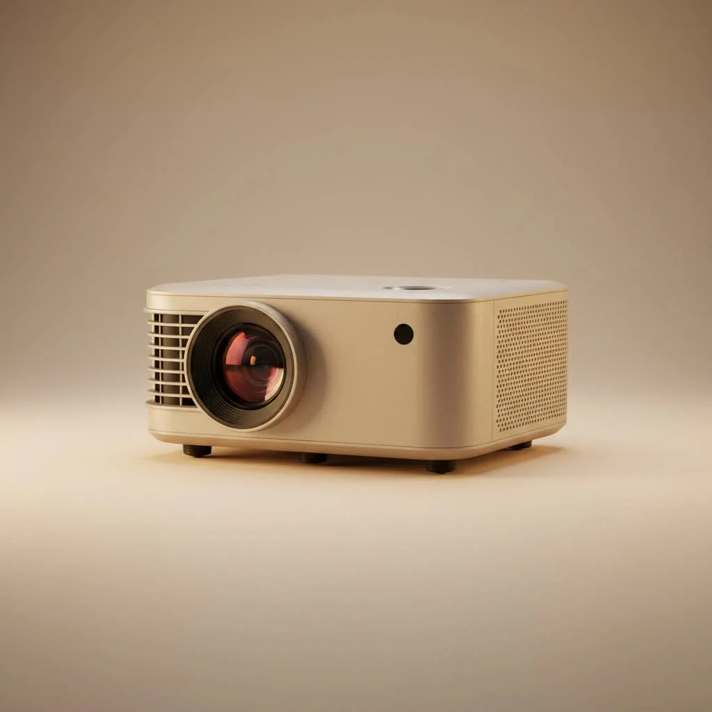 Mini projector with stand set up for outdoor viewing
