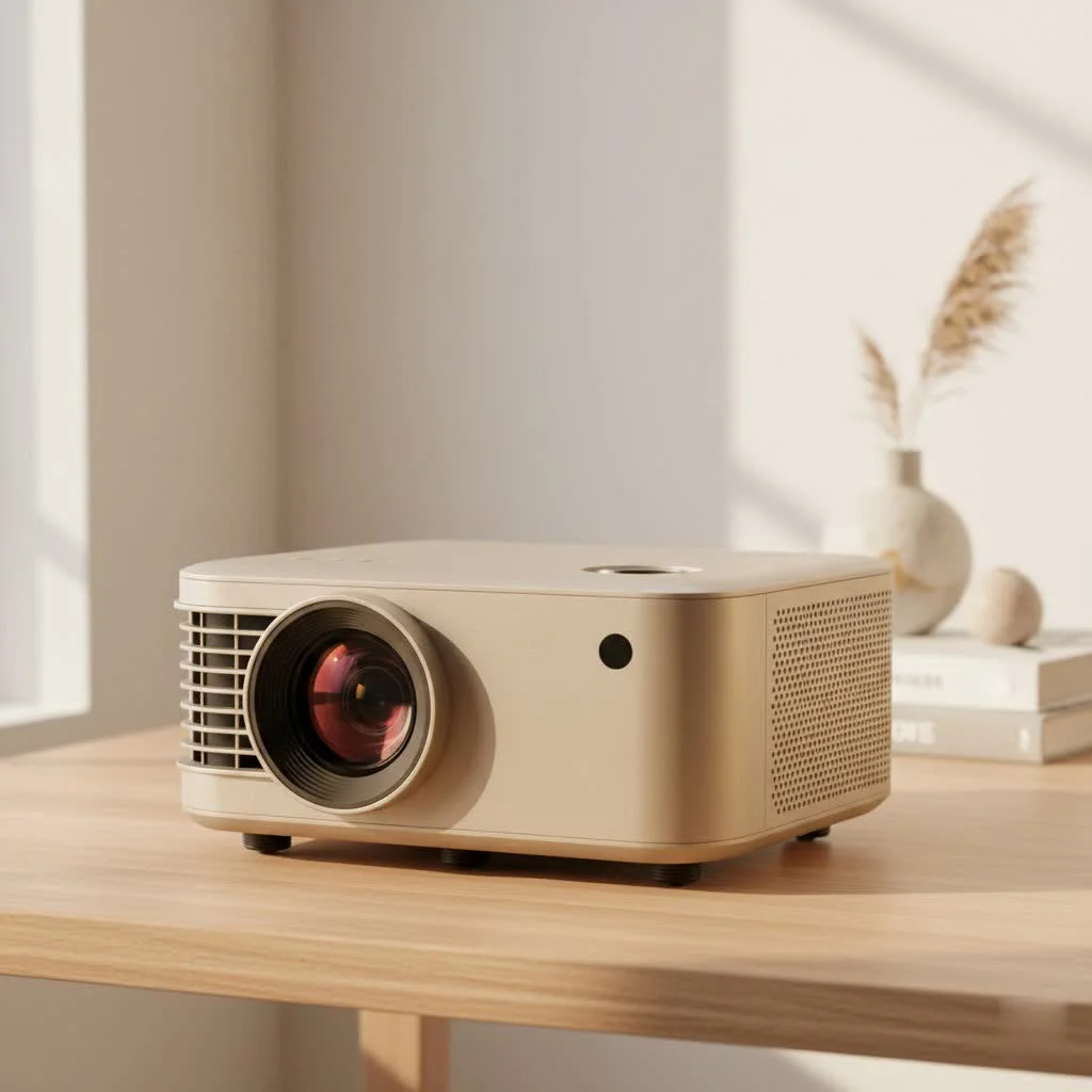 TMY mini projector displaying a vibrant movie scene on a large screen