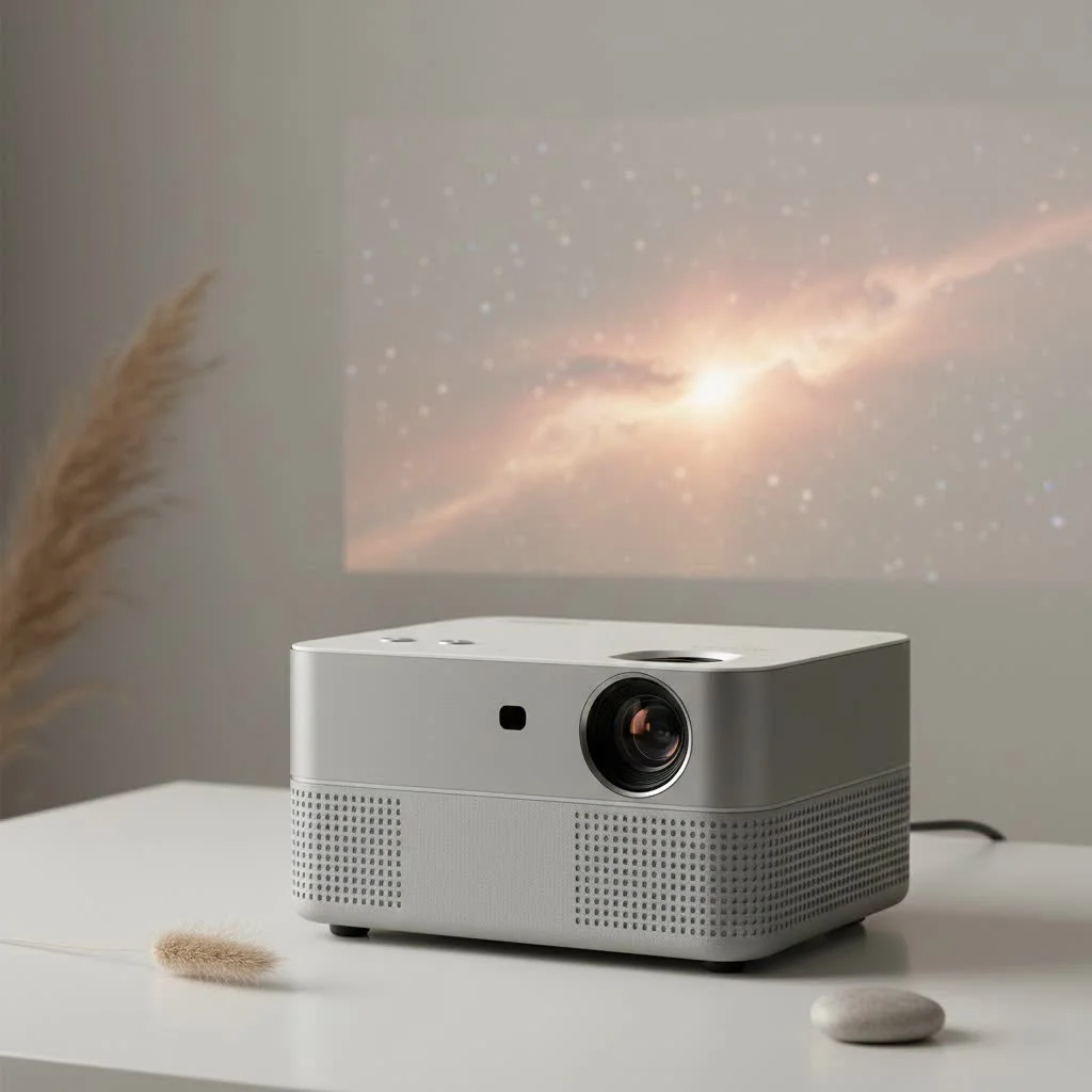 Mini video projector projecting a movie onto a screen outdoors at night