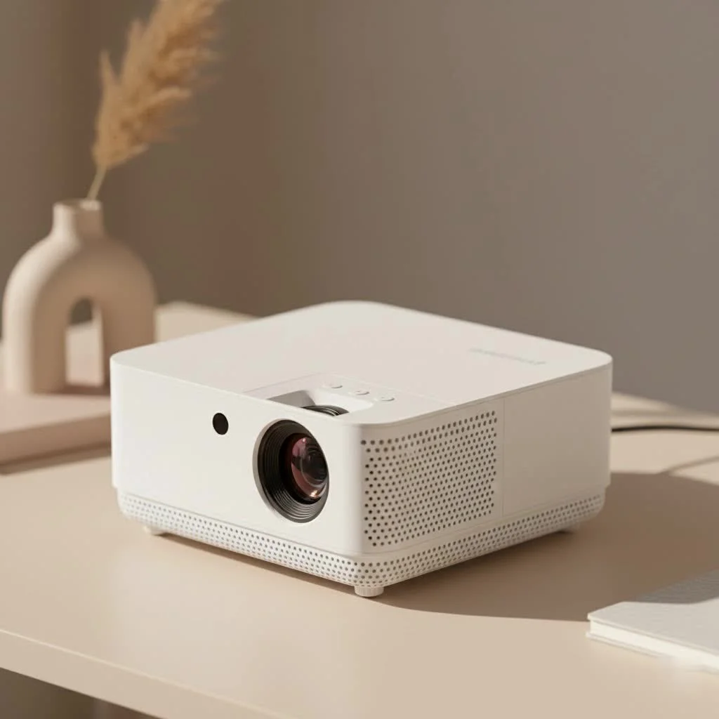 Mini projector displaying a movie on a wall