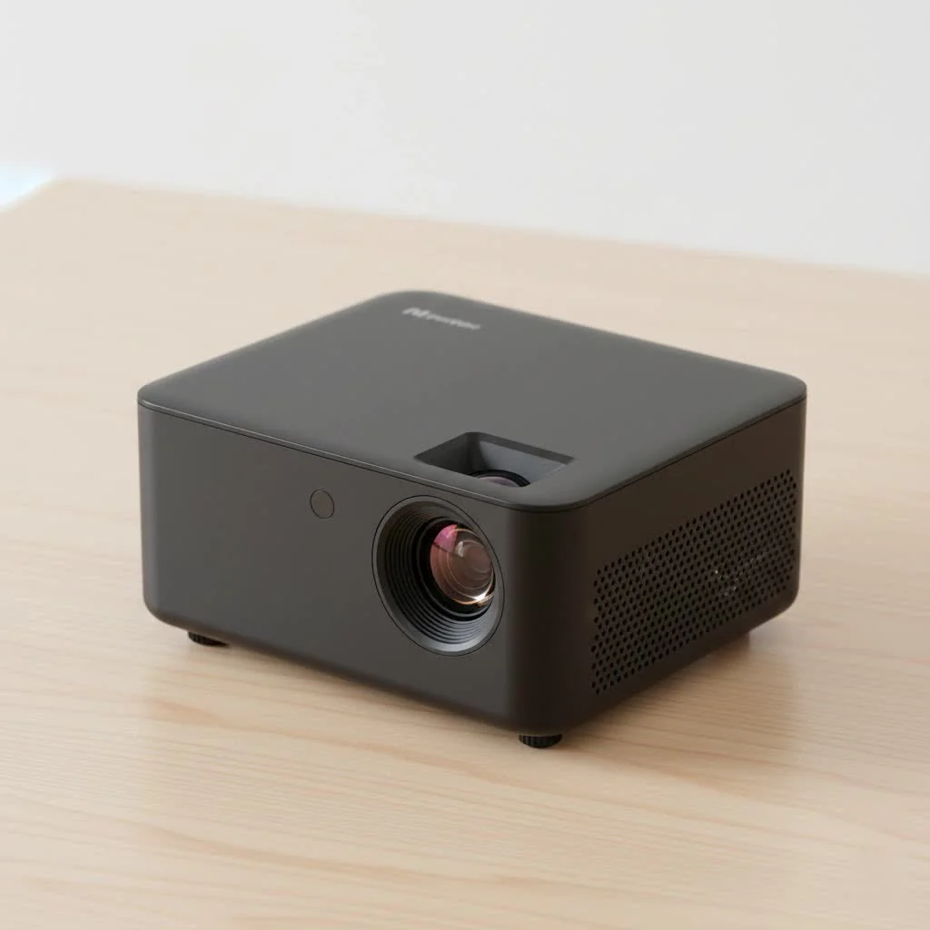 Mini projector displaying a movie on a wall