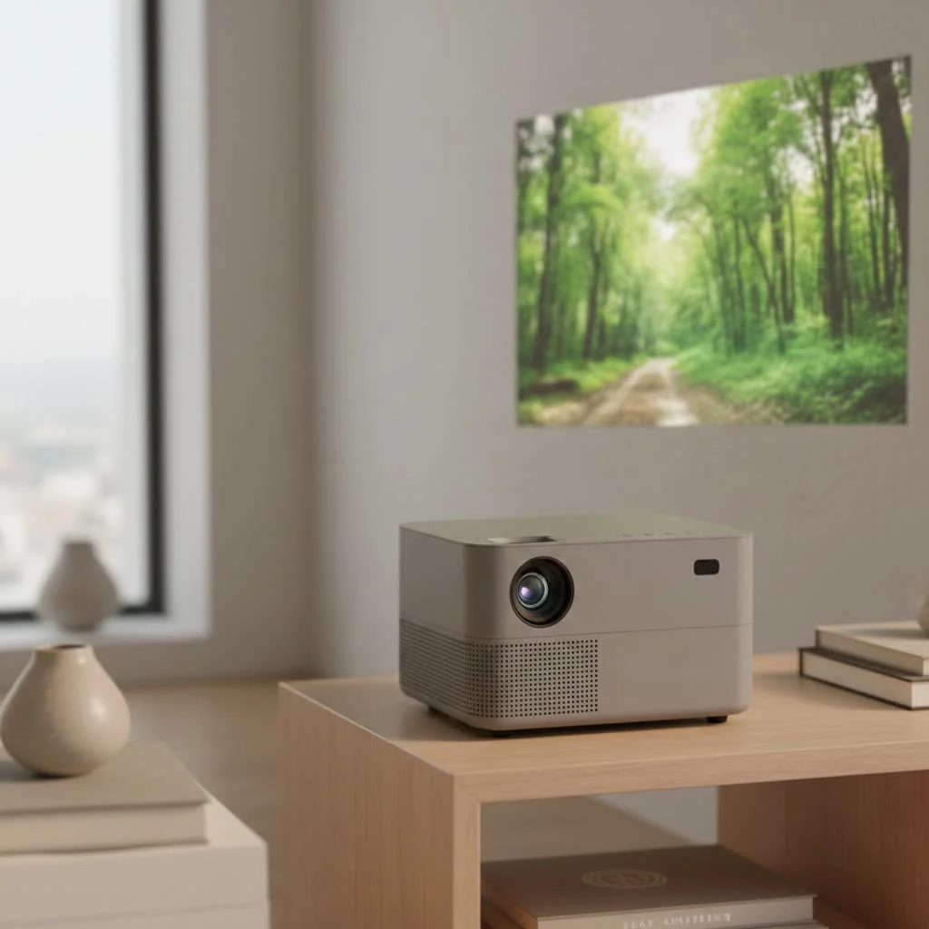 GPX mini home theater projector displaying a movie scene