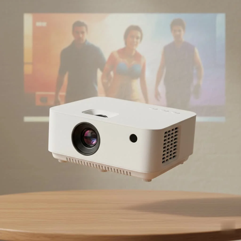 Mini TV projector displaying a movie on a wall