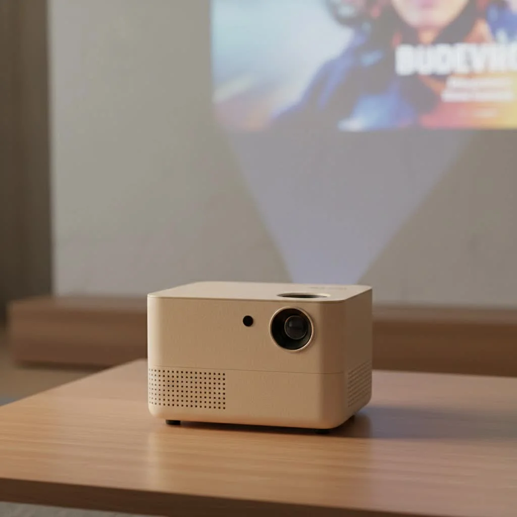 A sleek, compact 4K mini projector displaying a vibrant movie scene