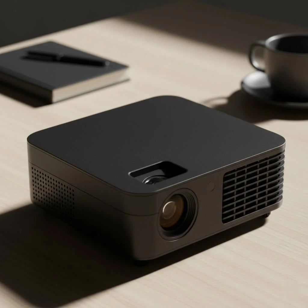 Mini LED projector displaying a movie on a wall