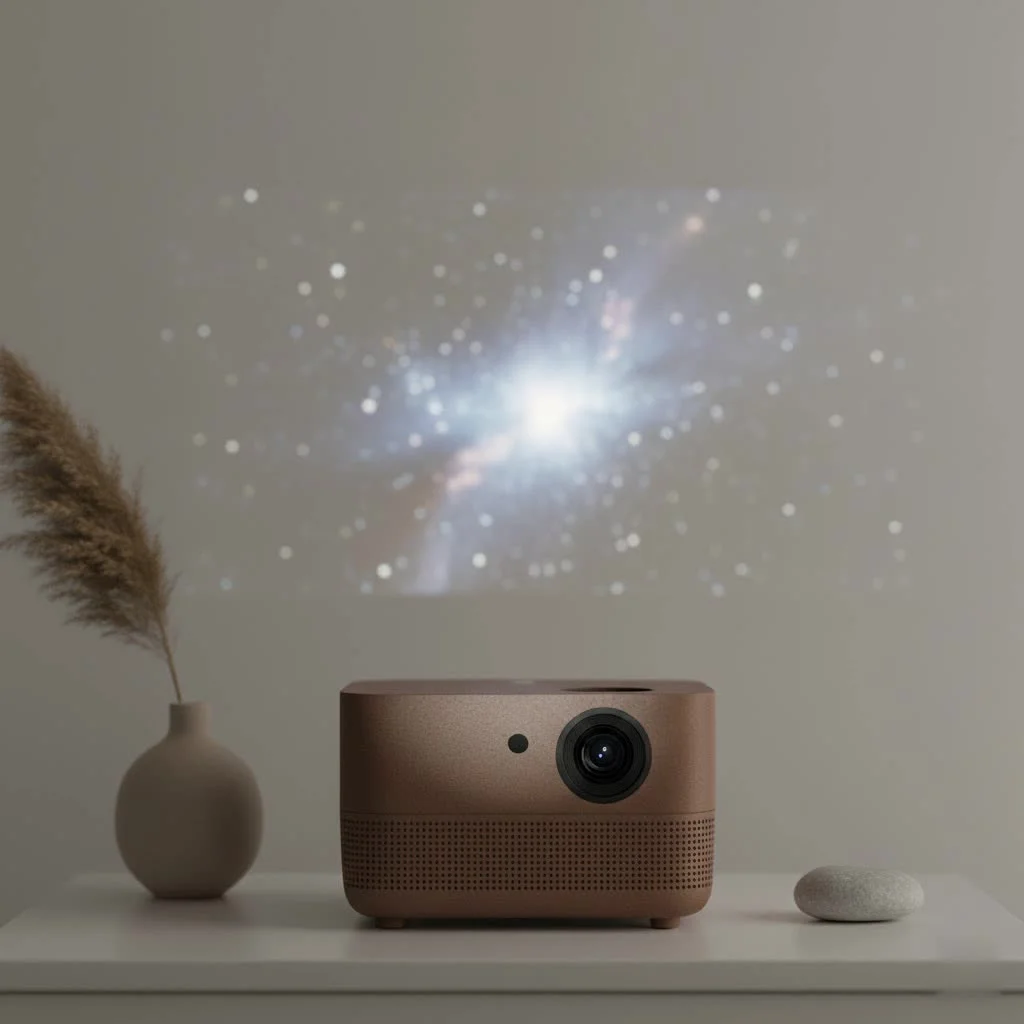 PVO mini projector displaying a movie scene on a wall