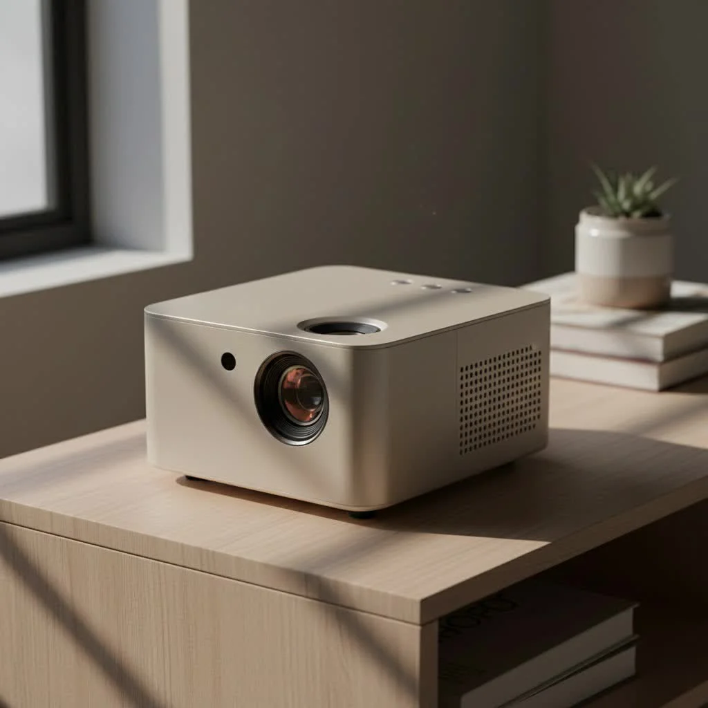 Bright mini projector displaying a vibrant movie scene