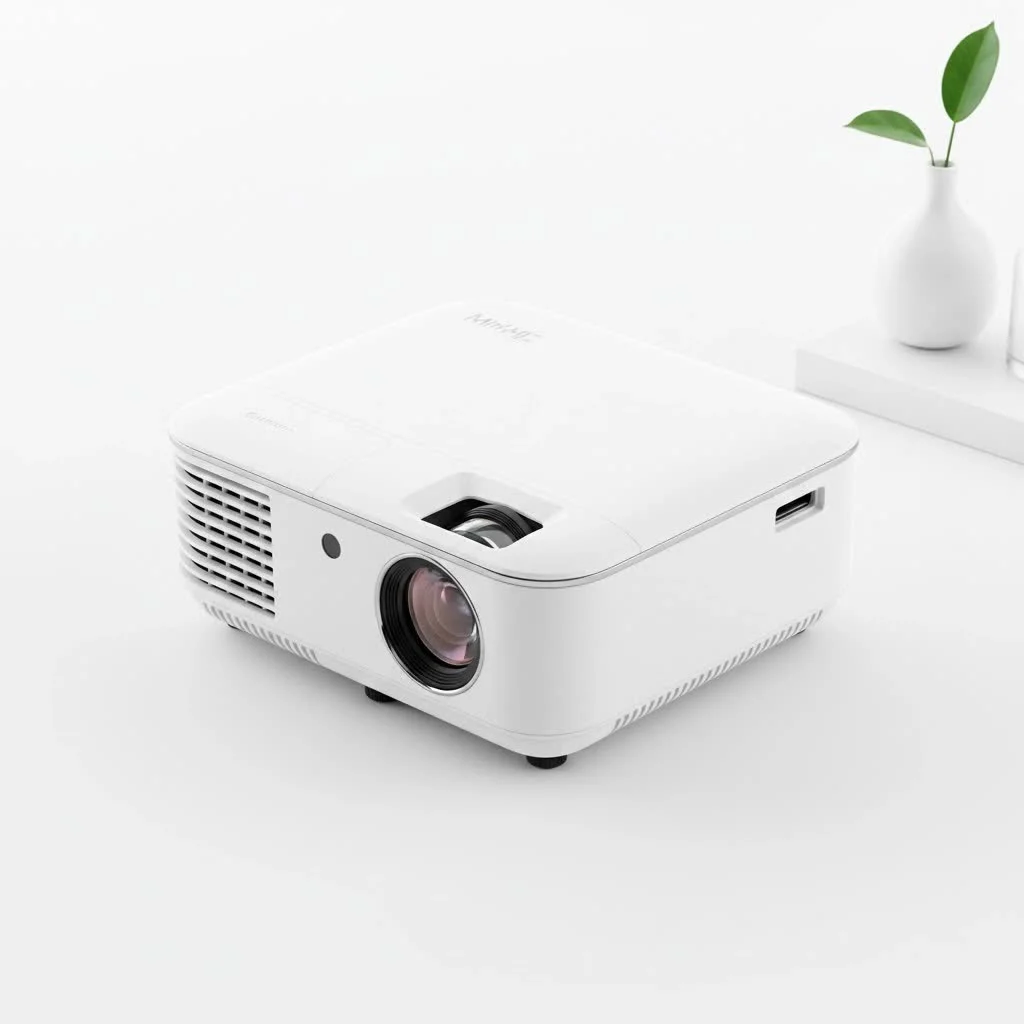Mini movie projector displaying a film on a wall