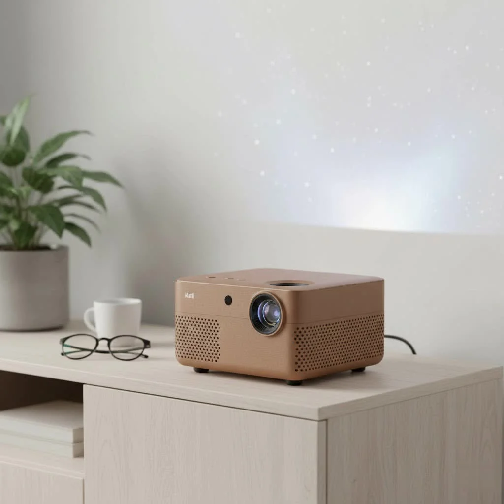 Mini projector displaying a movie scene on a wall
