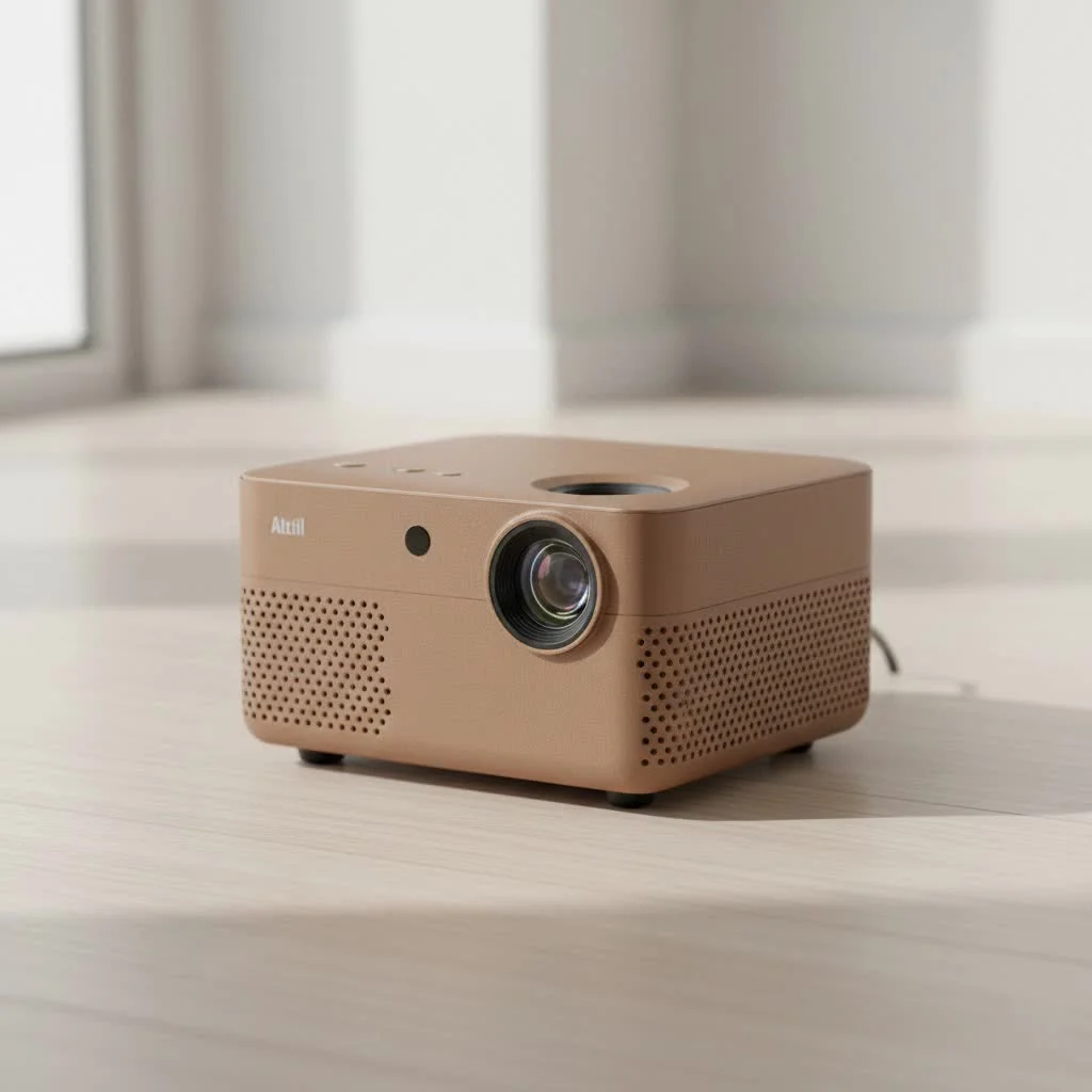 Fatork mini projector displaying a vibrant movie scene